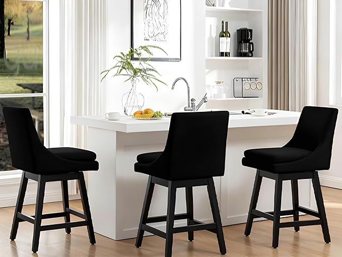 Bar Stools Set of 4, 26 Inch Upholstered Barstools with 14.2" High Back and Footrest, Swivel Counter Height Barstools for Kitchen Island Home Bar Performance Fabric Black