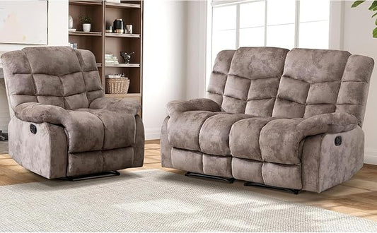 EBELLO Manual Recliner Couch Set, Soft Fabric Reclining Living Room Set, Included Single Recliner Chair and Loveseat Sofa, Light Brown