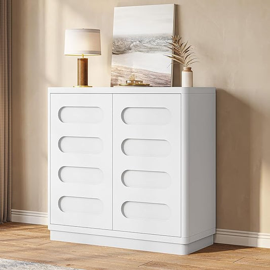 Buffet Cabinet with Storage, Arc Accent Sideboard with 2 Doors and Adjustable Shelves, Large Console Table for Dining Room, Kitchen, Living Room, White
