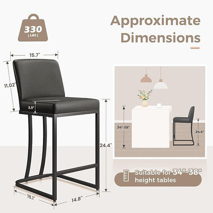 MAISON ARTS Counter Height Bar Stools with Back Set of 6 for Kitchen Counter, 24 Inch Modern Upholstered Faux Leather Barstools Farmhouse Bar Chairs Luxury Island Stools Support 330LBS, Grey