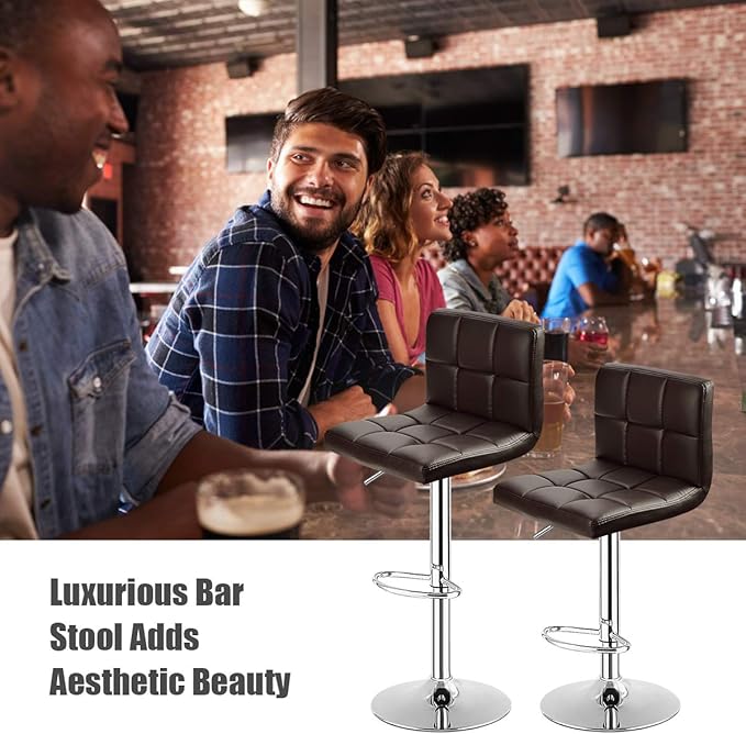COSTWAY Adjustable Height PU Leather Barstools Set of 2, Brown