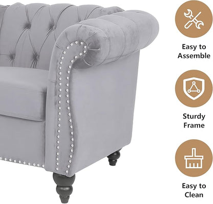 Living Room Chair, Modern Velvet Chesterfield Sofa Chair, Mid Century Single Sofa Couch Chair with Tufted Back and Rolled Arms, Accent Sofa Chair for Living Room Apartment, Grey