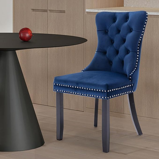 Velvet Upholstered Dining Chairs Set of 6, Modern Style Kitchen Side Chairs with Nailhead Trim and Wood Legs,Metal Pulling Ring for Dining Room Living Room(Blue,Set of 6)