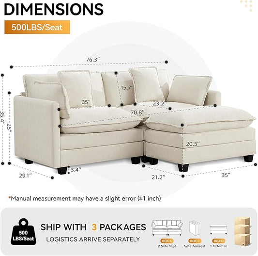 76'' Cloud Deep Seat Loveseat Sofa, Upholstered Chenille Modular 3-Seats Sectional Sofa Couch with Movable Ottoman, Modern Comfy Settee Loveseat for Living Room Set, Small Apartment, Beige