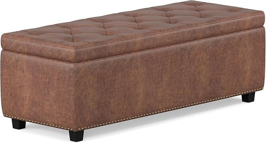 SIMPLIHOME Hamilton 48 inch Wide Transitional Rectangle Storage Ottoman in Distressed Umber Brown Vegan Faux Leather, Assembled, For the Living Room, Entryway and Family Room