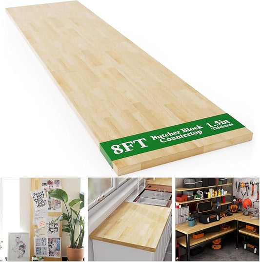 8FT Butcher Block Countertop Birch Solid Wood - 98" x 25" Table Top Butcher Block Cutting Board for Kitchen Island Cart Living Dining Office Desk Washer Dryer Countertop Replacement Unfinished 1.5" Th