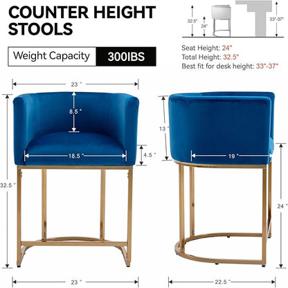 Contemporary Blue Velvet Bar Stools Set of 3, 24" Upholstered Fabric Counter Height Barstools Kitchen Counter Island Stools with Golden Metal Base