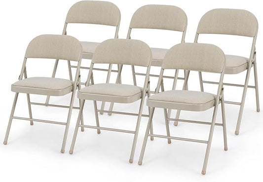 GOFLAME 6 Pack Folding Chairs, Fabric Dining Chair Set with Padded Seat & Metal Frame, Indoor Outdoor Upholstered Commercial Seat for Home Office Events Wedding Party, Beige