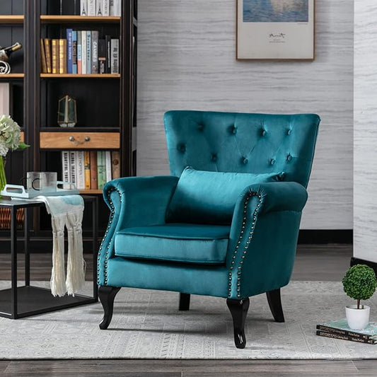 chairus Mid-Century Modern Accent Chair Comfy Tufted Single Sofa Chair Wingback Armchair with Pillow for Club, Living Room, Bedroom - Velvet, Teal
