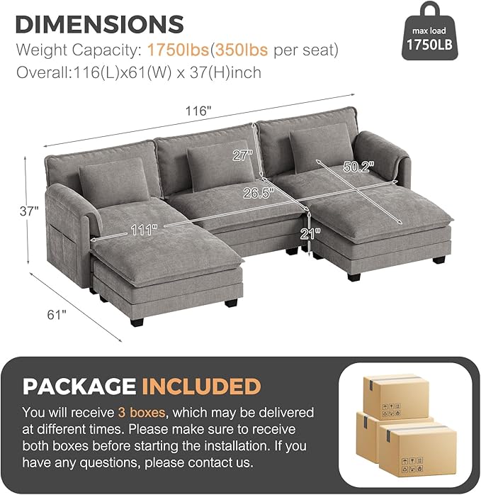 ELUCHANG Oversized 116" Modular Sectional Sofa, Comfy Cloud Couch, U Shaped Deep Seat Sofa Couches for Living Room, 5-Seater Modern Sofa with Movable Ottoman, DIY Combination - Chenille Light Grey