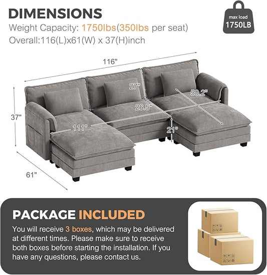 ELUCHANG Oversized 116" Modular Sectional Sofa, Comfy Cloud Couch, U Shaped Deep Seat Sofa Couches for Living Room, 5-Seater Modern Sofa with Movable Ottoman, DIY Combination - Chenille Light Grey