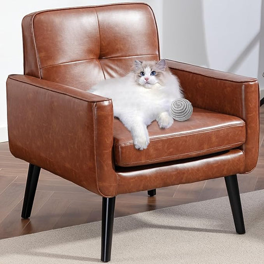 Mid Century Accent Chair, PU Leather Modern Chair with Wooden Frame, Cozy Armchair Reading Chair with Comfy Back for Apartment, Living Room, Bedroom, Waiting Room, Small Space, Corner, Brown