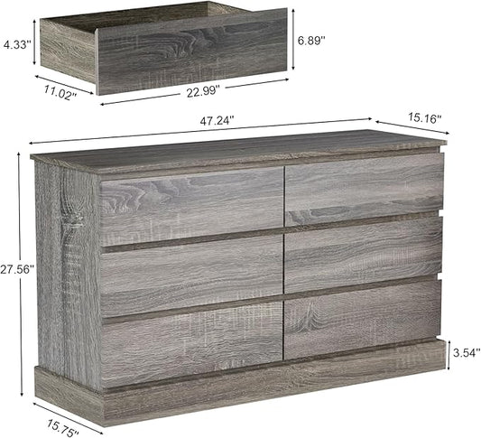 Gray Dresser for Bedroom, Modern 6 Drawer Dresser, Freestanding Wood Dressers, Wide Chest of Drawers Dressers, TV Stand with Sturdy Base Storage for Living Room, Hallway, Entryway