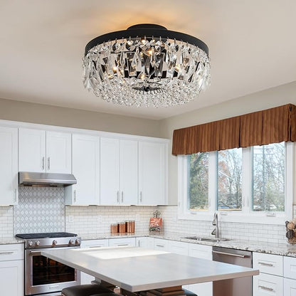 Veronie Crystal Ceiling Light Fixture, 4-Light Modern Semi Flush Mount Ceiling Light, Black Lighting Fixtures Lamp for Hallway, Kitchen, Entryway, Bedroom, Laundry Room