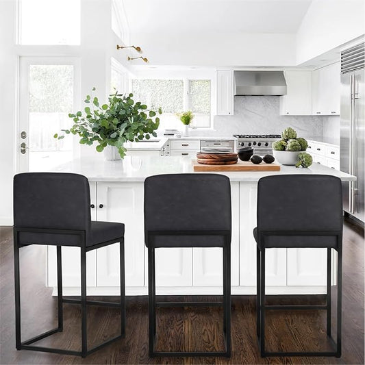 PHI VILLA Black Leather Bar Stools Set of 3, Counter Height Bar Chairs Modern Faux Leather Stools for Kitchen Island, 24 inch Barstools with Back