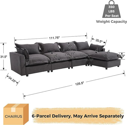 chairus 126" Modular Sectional Sofa with Moveable Ottoman Upholstered Deep Seat Linen Couch Set with Soft Pillows L-Shape Sofa Couch for Living Room, Apartment, Reception Room, 4-Seater/Black