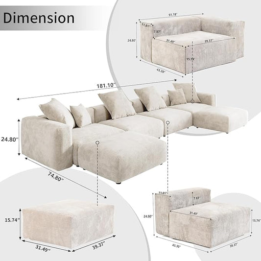 WJShome Cloud Couch Modular Sectional Sofa,181.1inch U Shape Couch,Oversized Corduroy Couches with Ottoman and 6 Pillows,Cushion Covers Removable& Washable,Beige