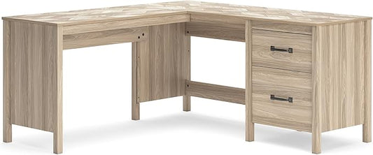 Signature Design by Ashley Battelle Casual L-Shaped Chevron Pattern 60" Home Office Desk with Return, Drawer and Cabinet, Light Brown