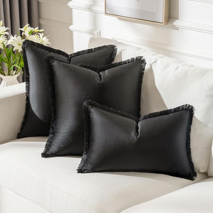 FUTEI Black Velvet Decorative Throw Pillow Covers 16x16 Set of 2,Soft Cozy Edge with Tassels Cushion Case,Boho Modern Home Decor for Couch Bed Living Room