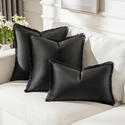 FUTEI Black Velvet Decorative Throw Pillow Covers 24x24 Set of 2,Soft Cozy Edge with Tassels European Cushion Case,Boho Modern Home Decor for Couch Bed Living Room
