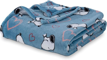 Berkshire Blanket Peanuts® VelvetLoft® Cute Character Snoopy Plush Blanket,Heart Toss Blue,King 90 in x 108 in (Official Peanuts® Product)