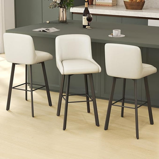 Swivel Bar Stools, 30''H Upholstered Barstools with Backs, Modern Counter Height Bar Stool Chairs for Kitchen Island, Metal Legs (Beige- Faux Leather, Set of 3-30" H)