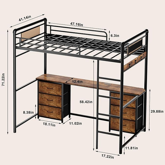 Loft Bed with Desk, Gaming Bunk Bed with Stairs, Twin Metal Loft Bed Heavy Duty Loft Beds for Adults, 6 Fabric Drawers, LED Lights & Charging Sation, No Noise & No Box Spring Needed, Black