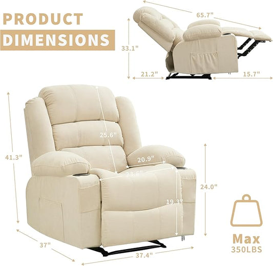 Large Recliner Chair for Adults Overstuffed Fabric Manual Pull Tab Recliner with Cup Holders, Side Pocket, 3-Position Recline, Minimalist Style Single Sofa Chair for Living Room Bedroom, Beige