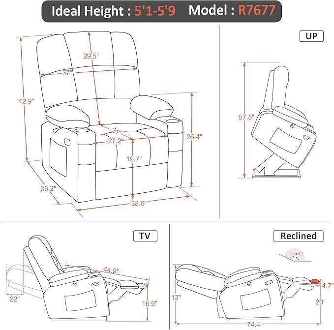 MCombo Oversized Dual Motor Power Lift Recliner Chair Sofa with Massage and Heat for Big Elderly People, Infinite Position, USB Ports, Fabric R7677 (Brown, Medium-Oversize)