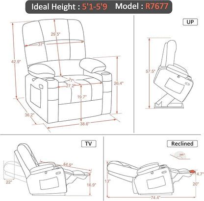 MCombo Oversized Dual Motor Power Lift Recliner Chair Sofa with Massage and Heat for Big Elderly People, Infinite Position, USB Ports, Fabric R7677 (Grey, Medium-Oversize)