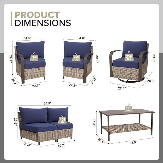 COOS BAY Aurora Terrace Half-Moon Outdoor Furniture Set, Rattan Conversation Set with Swivel Rockers, Curved 4-Seat Sofa, Coffee Table, Seats 6, Beige/Blue