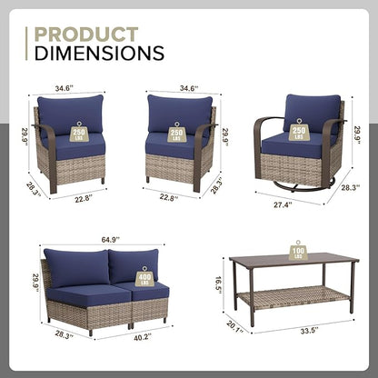 COOS BAY Aurora Terrace Half-Moon Outdoor Furniture Set, Rattan Conversation Set with Swivel Rockers, Curved 4-Seat Sofa, Coffee Table, Seats 6, Beige/Blue