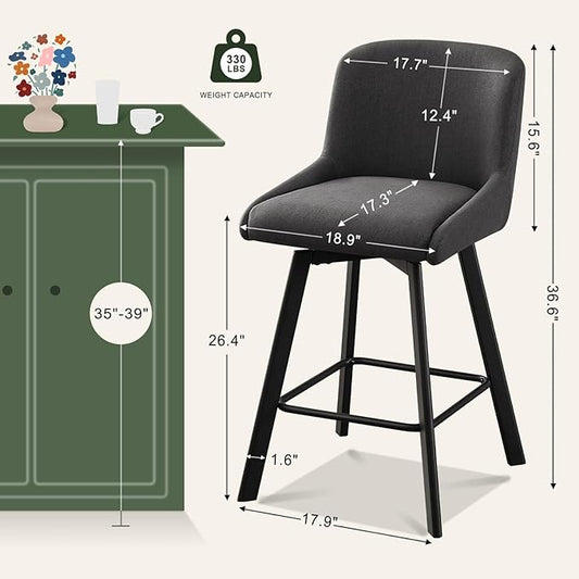 Swivel Counter Height Bar Stools Set of 4, 26''H Upholstered Barstools with Backs, Modern Bar Stool Chairs for Kitchen Island, Metal Legs, Fabric, Black Grey Stools Counter Chair