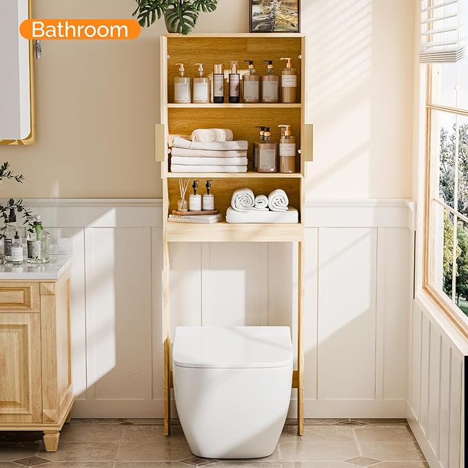 VINGLI Fluted Over The Toilet Storage Cabinet, Modern Behind Toilet Cabinet Bathroom Organizer with 2 Fluted Doors,Wood Storage Organizer Freestanding with Adjustable Shelf for Bathroom,Natural Oak
