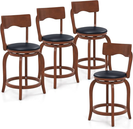 COSTWAY Bar Stools Set of 4, 24 Inch Swivel Counter Height Chairs with Rubber Wood Frame, Upholstered Seat, High Back Barstools for Kitchen Island, Home Bar, Pub, Brown (4, Seat Height: 24”)