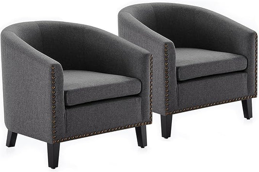 BELLEZE Accent Barrel Chair Set of 2, Modern Tub Club Chair Upholstered Armchair with Gold Nail Head Trim and Black Legs for Living Room Bedroom Apartment Lounge - Gray/Linen