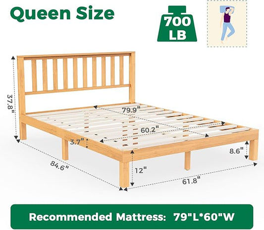 DELAVIN Queen Bed Frame with Headboard, Wood Platform Bed Frame, Farmhouse Style Bed Frame Queen Size with Slats Support, Malaysian Oak, No Box Spring Needed, Easy Assembly, Rustic Pine