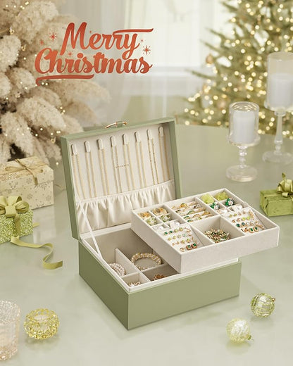 SONGMICS 2-Layer Jewelry Box, Jewelry Organizer with Handle, Removable Jewelry Tray, Jewelry Storage, Floating Effect, 8.1 x 9.4 x 4.3 Inches, Christmas Gift, Laurel Green UJBC165C02