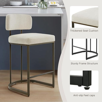 26" H Counter Height Bar Stools Set of 4, Modern Linen Fabric Upholstered Barstools with Backrest for Kitchen Island, Gold Metal Frames, Linen