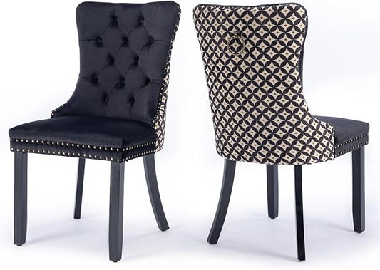 Velvet Upholstered Dining Chairs Set of 2, Modern Style Kitchen Side Chairs with Nailhead Trim and Wood Legs,Metal Pulling Ring for Dining Room Living Room(Quadrangular Star&Black)