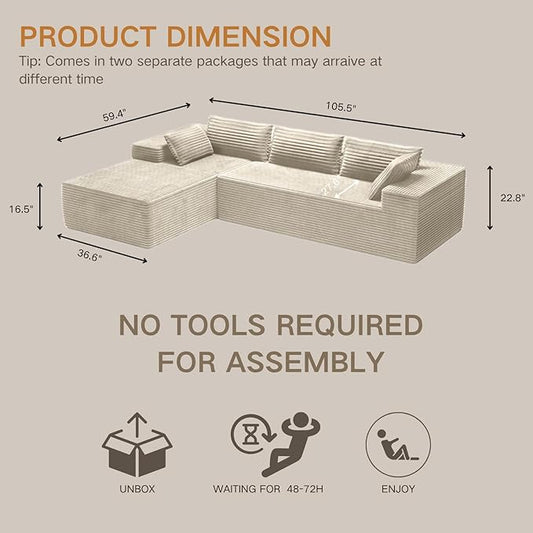 Kingdura 105.5'' Cloud Sectional Couch with L-Shape Chaise, Beige Modern Modular Sofa with Deep Seat, Corduroy Fabric, No Assembly Required, Upholstered Couches for Living Room Bedroom
