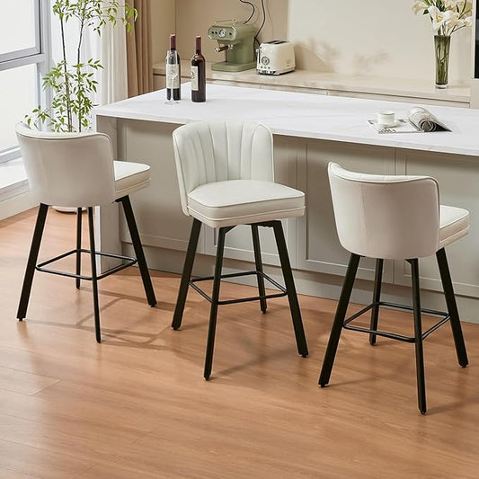 Swivel Counter Height Bar Stools Set of 3, 30'' Modern Barstools with Backs and Metal Legs, Upholstered Bar Chairs, Faux Leather White Stools for Kitchen Island Chairs
