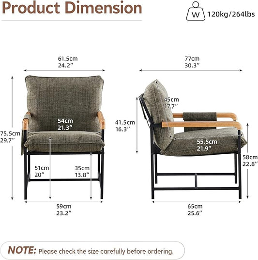 CLIPOP Modern Accent Chair, Modica Fabric Comfy Reading Chair with Wood Arms, Removable Cover, Side Pocket, Soft Cushion, Leisure Living Room Armchair for Bedroom, Home Office, Green