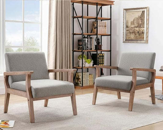 HNY Mid Century Modern Accent Chairs Set of 2 with Wood Frames, Linen Upholstered Living Room Arm Chairs for Living Room, Bedroom, Grey