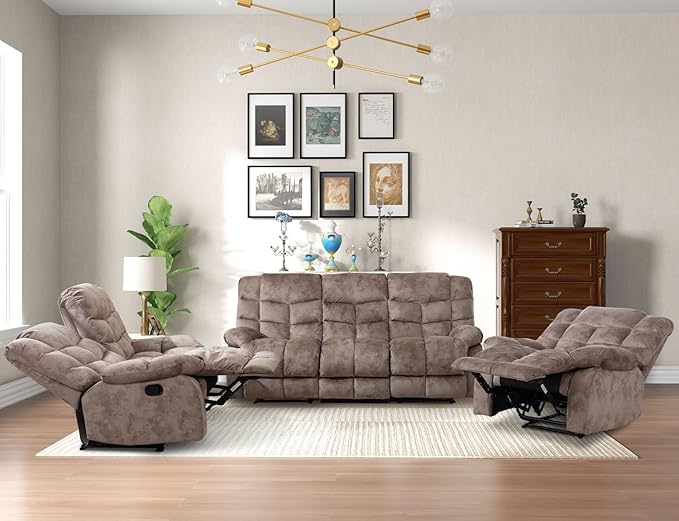 CANMOV Manual Recliner Sofa Set,2 Pieces Sofa Furniture Set for Living Room, Manual Reclining Loveseat and Recliner Sofa with Overstuffed Arms for Living Room, Bedroom, Light Brown (2+3)