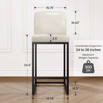 PHI VILLA Light Grey Bar Stools Set of 6, Counter Height Bar Stool Faux Leather Barstools with Back, 24 inch Kitchen Bar Chairs