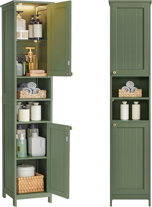 VASAGLE Tall Storage Cabinet with Lights, Slim Freestanding Cabinet with Adjustable Shelves, for Small Spaces, Bathroom, Living Room, Modern, 15.7 Inches Wide, Forest Green UBBC766C01