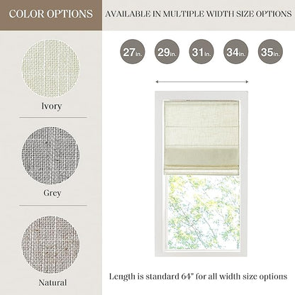 Madison Park Kyler Cordless Roman Shades - Single Panel, Lightweight Linen Blend Fabric, Natural Design, Easy Installation, Light Filtering Window Blind, Bedroom, Living Room Decor 31"W x 64"L Ivory