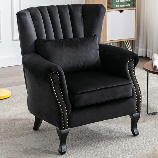 Accent Reading Arm Chairs Midcentury Modern Comfy Corner Sofa Chair, Wingback Waiting Room Club Chair with Tufted Back for Living Room/Bedroom/Reception Room, Velvet Black