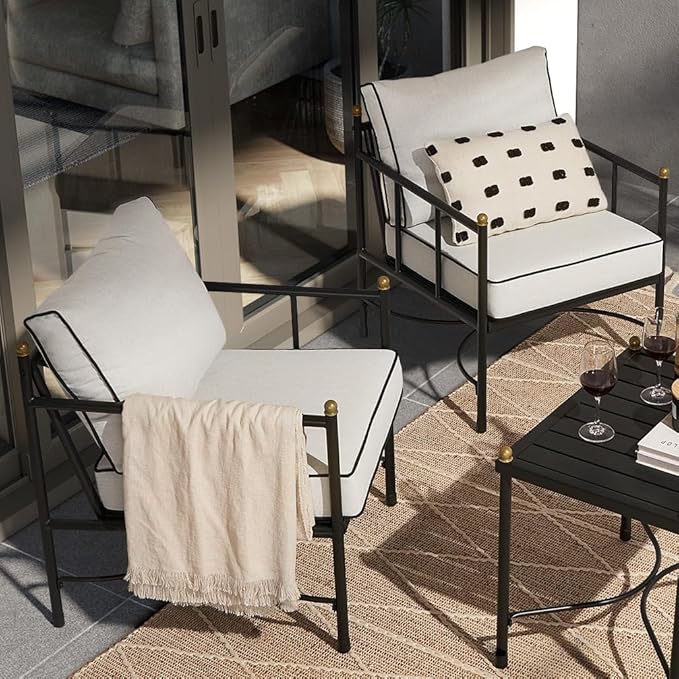 mopio Odelia Patio Chairs Set of 2, Outdoor Chair with Removable Cushions and Rust Free Metal Frame, Conversation Sets for Front Porch, Balcony, Apartments, Yard, Bistro (Lounge Chair x2, Offwhite)
